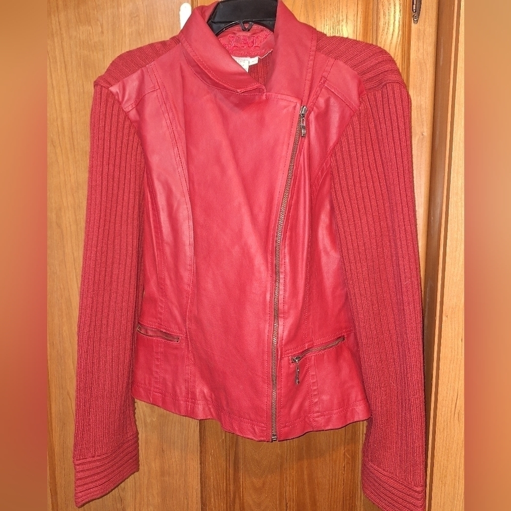 A Live a Little leather and cloth jacket in a ladies' size large. Pre-loved